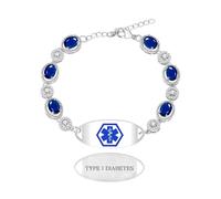 Tobestu Pulsera médica para diabetes tipo I Pulsera ID ajustable con circón azul y blanco ovalado - Joyería con símbolo de emergencia azul - YA5732