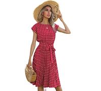 TOBILE Vestido de gasa para mujer, vestido de verano de manga corta, estampado de lunares, vestido acampanado, floral, elegante, cintura alta, plisado, casual, vestido midi - rojo vino, L