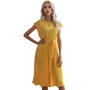 TOBILE Vestido de gasa para mujer, vestido de verano de manga corta, estampado de lunares, vestido acampanado, floral, elegante, cintura alta, plisado, casual, vestido midi - amarillo, L