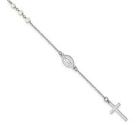 Tobillera de plata de ley 925 chapada en rodio de 1,4 mm, perla cultivada en agua dulce, fe religiosa, rosario, 25 cm, regalo de joyería para mamá, talla única, Metal metal Perla Rodio, No es una