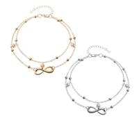 Tobillera para Mujer, 2 Piezas Tobillera de Varias Filas, Tobillera Doble Boho con Perlas, Tobillera en Capas Ideas de Verano, Tobillera con Símbolo de Infinito, para Mujeres y Niñas, Oro, Plata