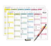 TOBJA® Calendario de pizarra 2027 lavable - Calendario de pared 2027 A4 multicolor, incluye 1 bolígrafo, con vacaciones, días festivos y KW, reescribible, papel extra grueso | Calendario 2027 A4