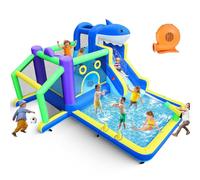 Tobogán acuático inflable 10 en 1 para niños, parque grande para niños de 13.3 x 11.3 pies con piscina de salpicaduras, salto, pared de escalada, cañón de agua, cesta, área de fútbol, tiros de pelota