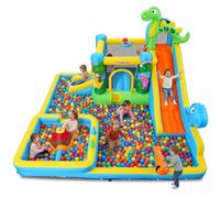 Tobogán acuático Inflable Castillo Hinchable con soplador para niños de 3 años + años, tobogán seco/acuático, Dinosaurios con 2 toboganes, Piscina Infantil y Piscina, Canasta de Baloncesto, cañón de