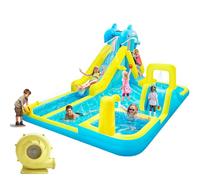 Tobogán acuático inflable, estilo delfín, parque de toboganes acuáticos gigantes, con tobogán extralargo, pared de escalada, piscina profunda, cañón de agua, soplador de 550 W para interiores y