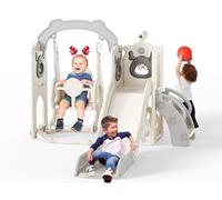 Tobogán columpio,juego de columpio y tobogán 6 en 1 para niños pequeños con aro de baloncesto,estructura de escalada,telescopio, almacenamiento,columpio tobogán grande estable y duradero(beige y gris)