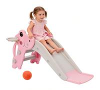 Tobogán Infantil 3 en 1 Tobogán para Niños, con Canasta de Baloncesto, Escalera Antideslizante y Escalada Bebés, Bordes Lisos Redondeados, de 1 a 3 Años para Interior (Rosa)