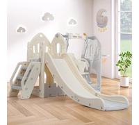 Tobogán infantil 5 en 1 para interiores y exteriores para niños a partir de 3 - 6 años, parque infantil con tobogán, escalada, espacio de almacenamiento, columpio y marco de baloncesto, tobogán