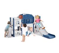 Tobogán Infantil 8 en 1 con Cesta de Baloncesto,Grandes Toboganes Infantiles Exteriores y Interiores con Escalera de Escalada,Telescopio y Túnel de Juego, Espacio de Almacenamiento, 1+