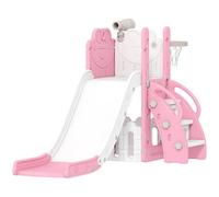 Tobogán infantil AIYAPLAY, conjunto de tobogán para niños pequeños 5 en 1 con canasta de baloncesto, juego temático de rana para exterior e interior con estructura para trepar, telescopio y caja de