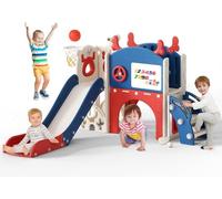Tobogán infantil grande con canasta de baloncesto, estructura de escalada para el jardín, telescópico, espacio de almacenamiento (diapositiva de seis en uno, azul y rojo))