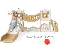Tobogán infantil grande con canasta de baloncesto, estructura de escalada para jardín, telescópica, espacio de almacenamiento (modelo activo 7 en 1 Elk Slide (Khaki)))