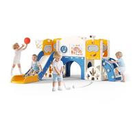 Tobogán infantil grande con canasta de baloncesto, estructura de escalada para jardín, telescópico, espacio de almacenamiento, para 1 - 3 años, extra largo 1700 mm (siete en uno-azul-naranja)