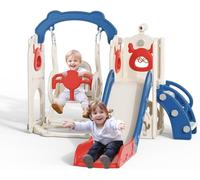 Tobogán infantil grande con canasta de baloncesto, estructura de escalada para jardín, telescópico, espacio de almacenamiento (6 en 1 tobogán de alce + columpio - azul y rojo)