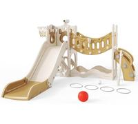 Tobogán infantil grande con canasta de baloncesto, estructura de escalada para jardín, telescópico, espacio de almacenamiento (versión activa seis en uno de alce caqui)