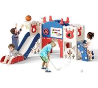 Tobogán infantil grande con canasta de baloncesto, estructura de escalada para jardín, telescópico, espacio de almacenamiento (tobogán de alce 7 en 1, azul y rojo)