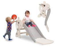 Tobogán Infantil Plegable, Toboganes Infantiles Exterior y Interior con Canasta de Baloncesto, Tobogán de Jardín para Niños 1, 2 3 Años. (Gris+Ciervo)