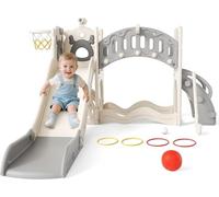 Tobogán infantil, tobogán grande para niños pequeños con canasta de baloncesto, estructura de escalada para el jardín, telescópico, espacio de almacenamiento (modelo activo de seis en uno (beigegrau
