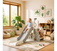 Tobogán Infantil, Tobogán para Niños 4 en 1, Toboganes Independientes, Tobogán Infantil Interior y Exterio, con Tobogán Largo, Escalada, Telescopio de Juego, Almacenamiento, Carga 60 kg, Gris Blanco