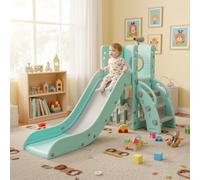 Tobogán Infantil, Tobogán para Niños 4 en 1, Toboganes Independientes, Tobogán Infantil Interior y Exterio, con Tobogán Largo, Escalada, Telescopio de Juego, Almacenamiento, Carga 60 kg, Verde Gris