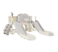 Tobogán multifunción 8-en-1 para niños, tobogán con 2 rampas, escalera para trepar, canasta de baloncesto, juego de lazo, binoculares, 200×165×95 cm, Gris+Blanco