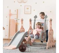 Tobogán para niños 4 en 1 Tobogán exterior interior para niños con canasta de baloncesto, columpio, kit de juego de escalada autoportante, conjunto de toboganes de plástico para niños (Rosa)