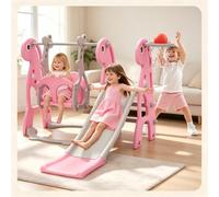 Toboganes Infantiles Exterior e Interior Juego Completo para Niños con Tobogán Canasta de Baloncesto y Columpio Ajustable en Altura (Rosa)