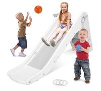 Toboganes Infantiles Interior, Tobogan Bebe 190CM, Tobogán para Niños con aro de Baloncesto y Contera, Toboganes Infantiles para Parque Interior y Exterior, Tobogán Infantiles de 1-6 año,Gris y Blanco