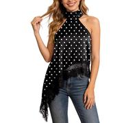 Tobysper Top halter mujer retro verano puntos parte superior elegante satén blusa vintage moda camiseta interior asimétrico encaje sin mangas camiseta sin mangas top cruzado, O negro., M