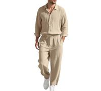 Tobysper Traje de lino para hombre, traje de verano para hombre, traje casual al aire libre, traje deportivo transpirable, camisa y pantalones, conjunto de 2 piezas, traje casual de un solo color
