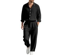 Tobysper Traje de lino para hombre, traje de verano para hombre, traje casual al aire libre, traje deportivo transpirable, camisa y pantalones, conjunto de 2 piezas, traje casual de un solo color
