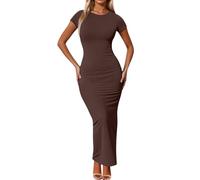 Tobysper Vestido de verano para mujer, vestido de playa, vestido de invitado de boda, monocolor, para el tiempo libre, con cuello redondo, elegante, vestido midi para el día a día, marrón, XXL