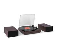 Audizio Akron - Tocadiscos con altavoces Bluetooth acabado madera oscura | Tocadiscos con altavoces integrados, Bluetooth, entrada AUX, 3 velocidades, parada automática y tapa antipolvo, madera oscura