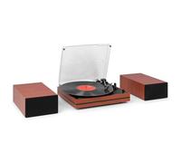 Audizio Akron - Tocadiscos de vinilo con altavoces Bluetooth en cerezo | Tocadiscos de vinilo con altavoces integrados, Bluetooth, AUX, 3 velocidades, parada automática y tapa antipolvo, cerezo