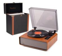 Audizio Laredo - Pack Tocadiscos de Vinilo Bluetooth con Altavoces HiFi 160W, cápsula Audio Technica y Plato 29 cm + Maleta para vinilos Audizio RC37 para 30-35 Discos, Acabado en Madera Oscura
