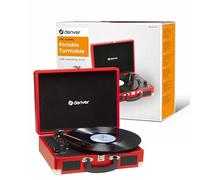 Tocadiscos Denver VPL-120 RED, Reproducción a 3 Velocidades, Diseño Maleta, 2 Altavoces Estéreo, Función Grabación, Incluye Autostop, Color Rojo