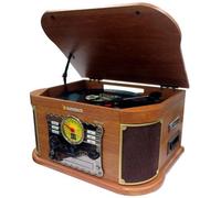 Sunstech Tocadiscos de vinilo de madera con conexión inalámbrica y altavoces estéreo 2.5 W | Giradiscos 3 velocidades 33/45/78 RPM | Reproductor CD, MP3, casete, radio AM/FM, USB y SD | Grabación MP3