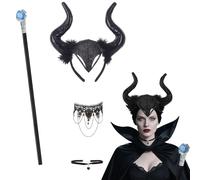Tocado con cuernos de reina de 4 piezas - Tocado de cuernos de Halloween con varitas mágicas y collar gótico de encaje negro, diadema cn cuerno diablo,reina malvada,Maléfica, accesorio disfrace mujer