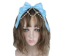 Tocado de encaje con lazo de encaje multicapa con cadena de perlas, diadema de moño grande, adornos para el pelo de anime de sirvienta