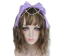 Tocado de encaje con lazo de encaje multicapa con cadena de perlas, diadema de moño grande, adornos para el pelo de anime de sirvienta