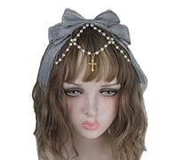 Tocado de encaje con lazo de encaje multicapa con cadena de perlas, diadema de moño grande, adornos para el pelo de anime de sirvienta