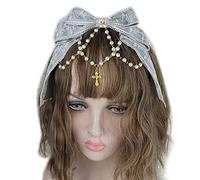 Tocado de encaje con lazo de encaje multicapa con cadena de perlas, diadema de moño grande, adornos para el pelo de anime de sirvienta