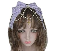 Tocado de encaje con lazo de encaje multicapa con cadena de perlas, diadema de moño grande, adornos para el pelo de anime de sirvienta
