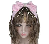 Tocado de encaje con lazo de encaje multicapa con cadena de perlas, diadema de moño grande, adornos para el pelo de anime de sirvienta