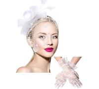 Tocado de malla con flores, sombrero de fiesta de té, plumas, velo, diadema de malla con guantes de encaje (blanco, talla única)