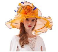 Tocado de organza para mujer, sombrero formal de ala ancha con flores y plumas, elegante sombrero plano para boda, iglesia, Derby y Royal Ascot, naranja, Talla única