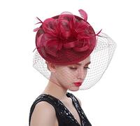 Tocado de plumas con velo, sombrero formal for boda, for mujer, for iglesia, cóctel, fiesta té(Burgundy)