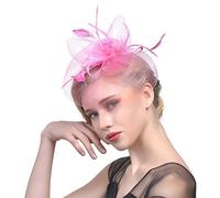 Tocado de plumas for boda, iglesia, mujer, flores, malla, cintas, diadema, cóctel, fiesta té, sombrero, tocado(Pink)