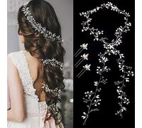 Tocado Diadema para el Pelo de Novia,100 cm Novia Boda Perla Pelo Vides Cristal Nupcial Accesorio para Tocado de Novia para Boda, Fiesta,Tocado de Novia con 3 Piezas Horquillas,Plata
