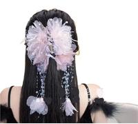 Tocado Novia 2pc Autumn Winter Pearls Tassel Feather Sweet Pink Hair Grab Clip For Women Party Shark Accessories Headwear